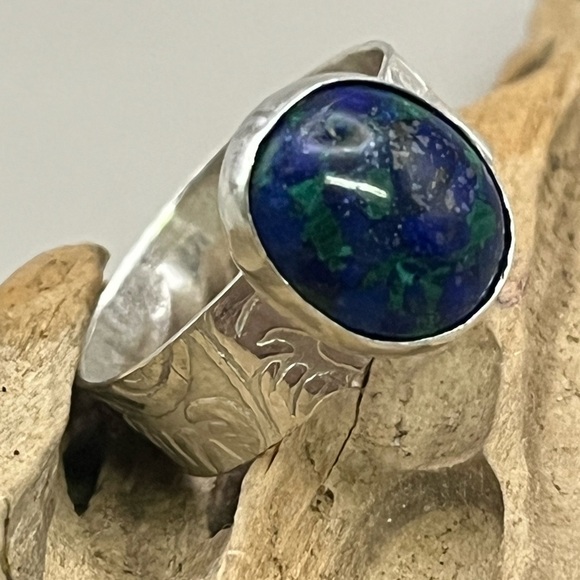 Handmade Jewelry - Sterling Silver and Malachite/Azurite Gemstone Ring with Textured Finish